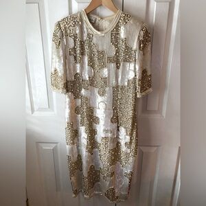 VTG 80’s Judith Ann Cream/Brown 100% Silk Sequins Beading Pearl Cocktail Dress L